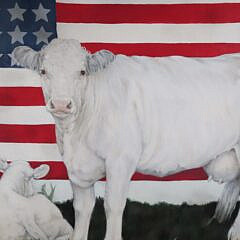 Virginia Greenleaf Acrylic on Canvas “Cow, Corn and American Flag Sulgrave Manor”