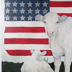 Virginia Greenleaf Acrylic on Canvas “Cow, Corn and American Flag Sulgrave Manor”