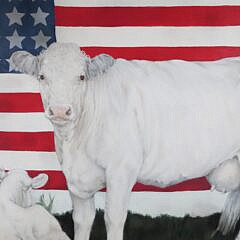 Virginia Greenleaf Acrylic on Canvas “Cow, Corn and American Flag Sulgrave Manor”