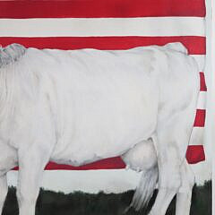 Virginia Greenleaf Acrylic on Canvas “Cow, Corn and American Flag Sulgrave Manor”