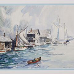 Gordon Grant Ink and Watercolor on Paper, “Nantucket Wharf Scene”