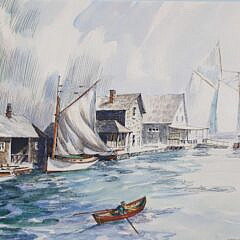Gordon Grant Ink and Watercolor on Paper, “Nantucket Wharf Scene”