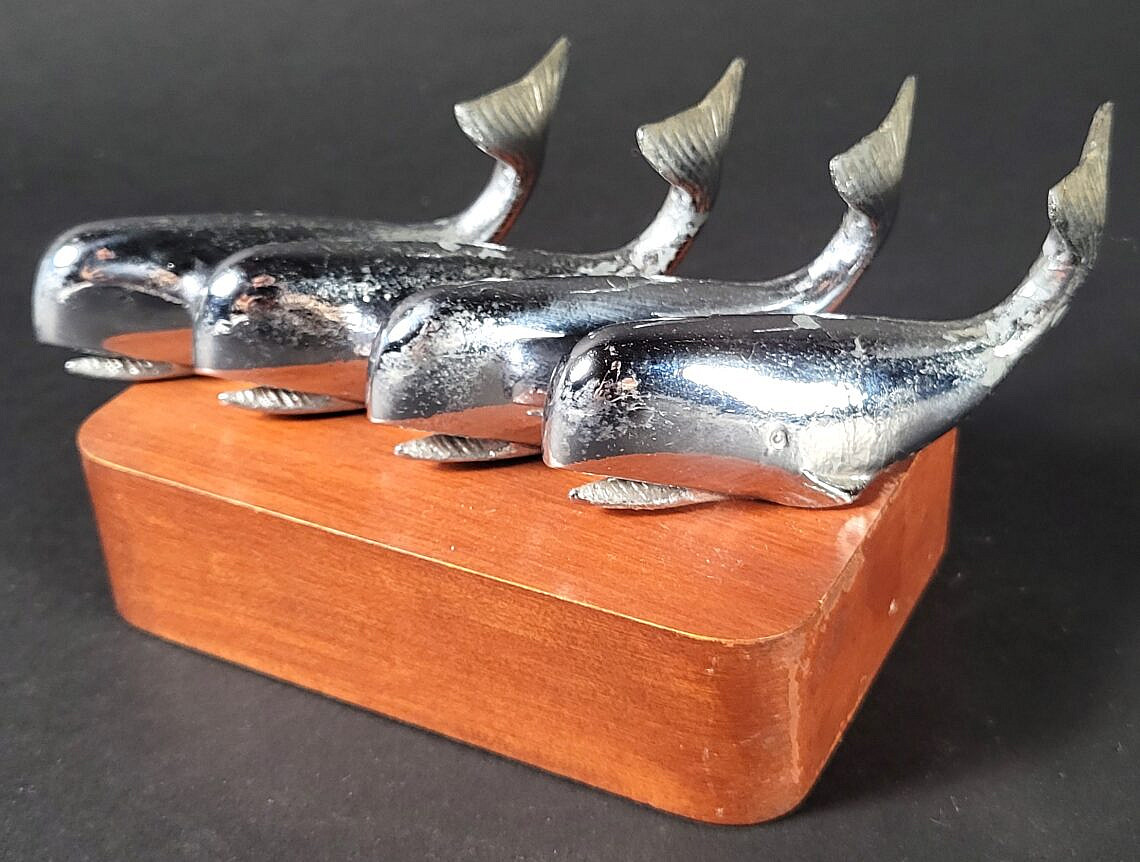Vintage Mid Century Chrome Sperm Whale Nautical Chart Weights Vintage