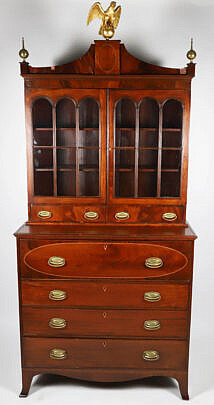 New England Inlaid Mahogany Secretary Bookcase Circa 1800-1810