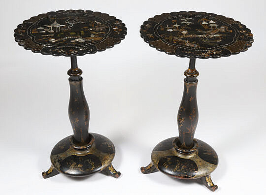 Pair of Scenic Mother of Pearl Inlaid Paper Mache Brandy Stands 19th Century
