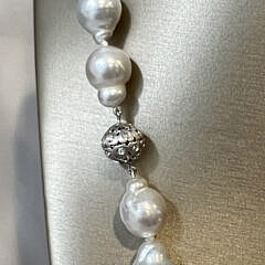 Fine 12.8mm x 15.9mm White Baroque South Sea Pearl Necklace, 14k Gold and Diamond Clasp
