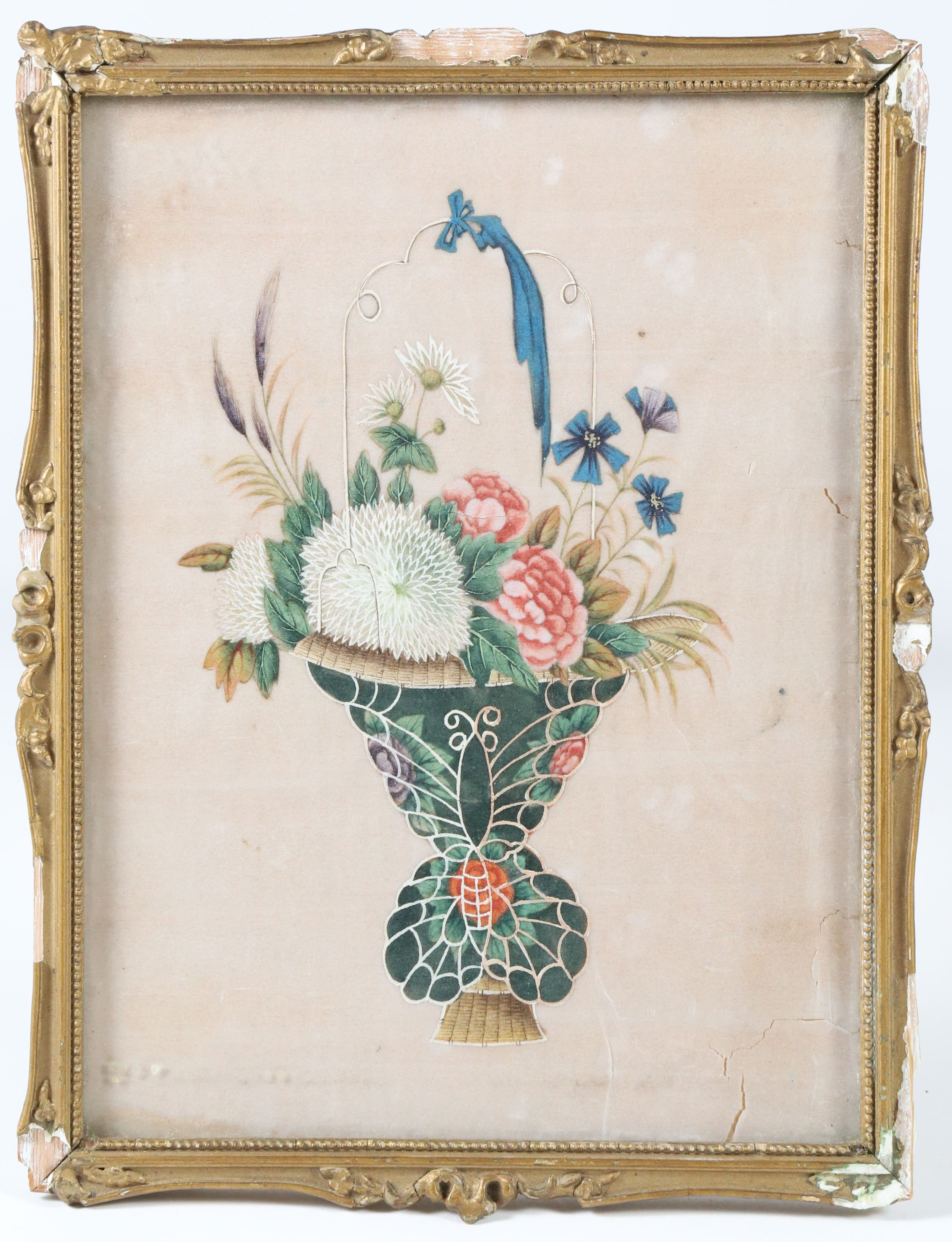 Oriental Watercolor on Rice Paper Floral Still Life 19th Century