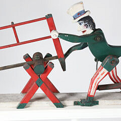 Vintage Uncle Sam Painted Wooden Whirligig on White Painted Platform Base