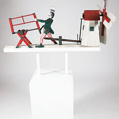 Vintage Uncle Sam Painted Wooden Whirligig on White Painted Platform Base