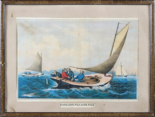 Colored Lithograph Trolling for Bluefish 19th Century