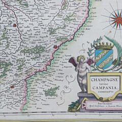 Hand Colored Copper Plate Engraving  Map “Champagne latine Campania Comitatvs” circa 1645