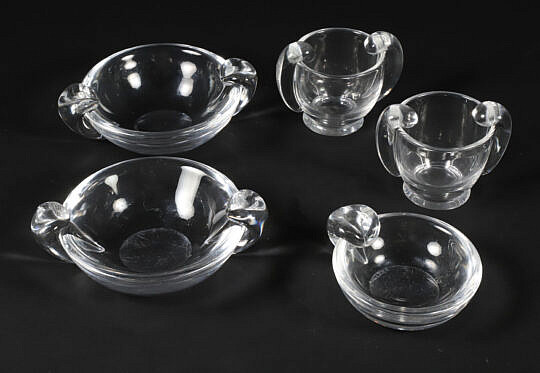 Three Steuben Ash Trays and Two Cigarette Holders