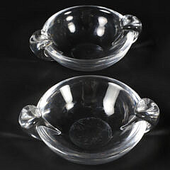 Three Signed Steuben Glass Ash Trays and Two Cigarette Holders
