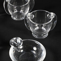 Three Signed Steuben Glass Ash Trays and Two Cigarette Holders