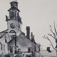 Andrew Shunney Ink Wash Drawing “Unitarian Church, Nantucket”