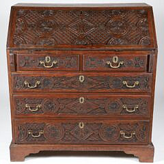 English Oak Profusely Carved Slant Front Desk 19th Century