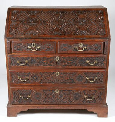 English Oak Profusely Carved Slant Front Desk 19th Century
