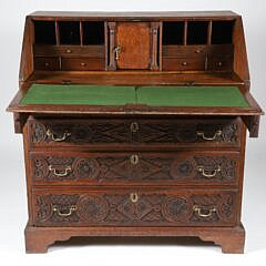 English Oak Profusely Carved Slant Front Desk, 19th Century