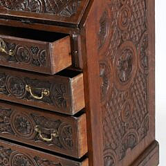 English Oak Profusely Carved Slant Front Desk, 19th Century