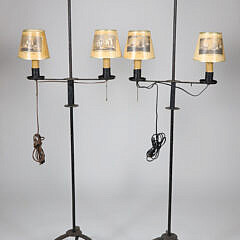 Pair Antique Wrought Iron Double Light Floor Lamps with Four Different Maritime Ship Shades