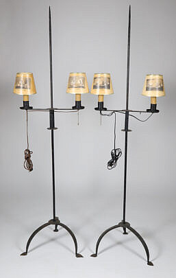 Pair Antique Wrought Iron Double Light Floor Lamps with Four Different Maritime Ship Shades