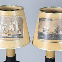 Pair Antique Wrought Iron Double Light Floor Lamps with Maritime Ship Shades