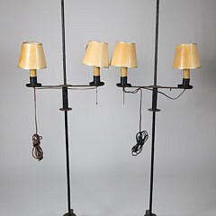Pair Antique Wrought Iron Double Light Floor Lamps with Maritime Ship Shades