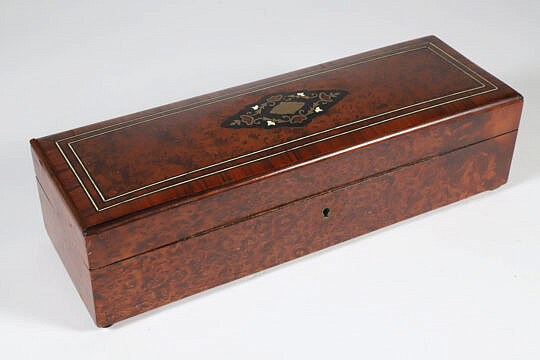 English Burlwood and Brass Glove Box with Wind Up Music, 19th Century