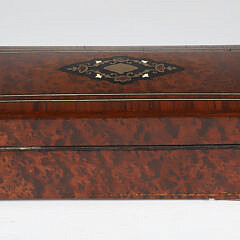 English Burlwood and Inlaid Brass Glove Box with Wind Up Music, 19th Century