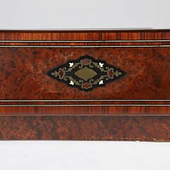 English Burlwood and Inlaid Brass Glove Box with Wind Up Music, 19th Century