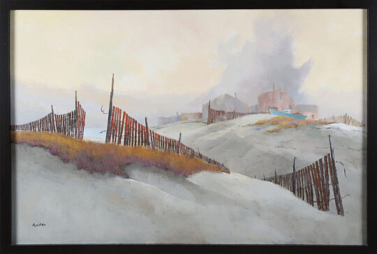 Phillip Hicken (American 1910-1985 Nantucket) Acrylic on Canvas "Sand Fences"