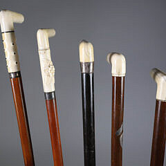 Group of Five L-Grip Canes with Antique Whale Ivory Grips, 19th Century