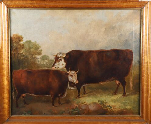 Oil on Canvas Bull and Cow Portrait, 19th Century