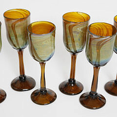 Set of Six Handblown Art Glass Wine Goblets Signed Jalitha 
