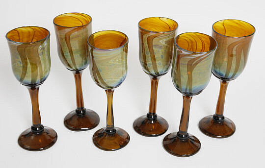 Set of Six Handblown Art Glass Wine Goblets Signed Jalitha 