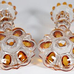 Pair of Sandwich Glass Amber Cut to Clear Candlesticks, 19th Century