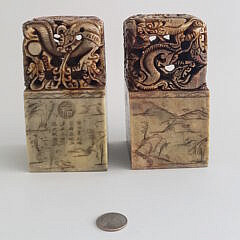 Pair of Large Antique Chinese Carved Dragon Alabaster SealsPair of Large Antique Chinese Carved Dragon Alabaster Seals