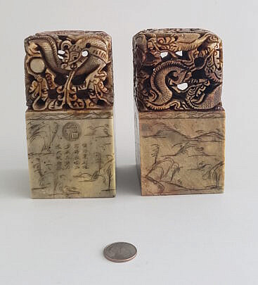 Pair of Large Antique Chinese Carved Dragon Alabaster SealsPair of Large Antique Chinese Carved Dragon Alabaster Seals