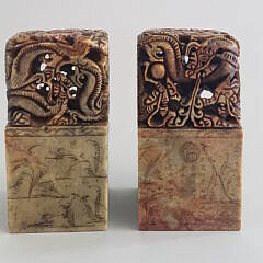 Pair of Large Antique Chinese Carved Dragon Alabaster Seals