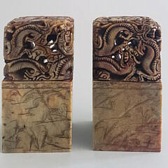 Pair of Large Antique Chinese Carved Dragon Alabaster Seals