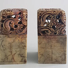 Pair of Large Antique Chinese Carved Dragon Alabaster Seals