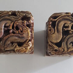 Pair of Large Antique Chinese Carved Dragon Alabaster Seals