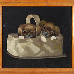 Antique Embroidery of Two Puppies in a Basket