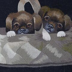 Antique Embroidery of Two Puppies in a Basket