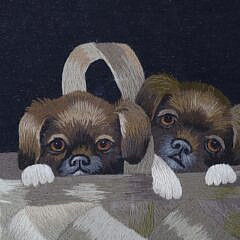 Antique Embroidery of Two Puppies in a Basket