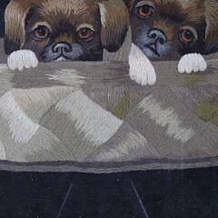 Antique Embroidery of Two Puppies in a Basket