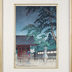 Two Japanese Woodblock Prints “Kawase Hasui Spring Rain at the Gokoku Temple” and “Fighting Samurais”