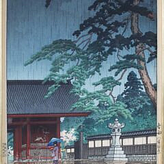 Two Japanese Woodblock Prints “Kawase Hasui Spring Rain at the Gokoku Temple” and “Fighting Samurais”