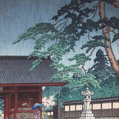 Two Japanese Woodblock Prints “Kawase Hasui Spring Rain at the Gokoku Temple” and “Fighting Samurais”