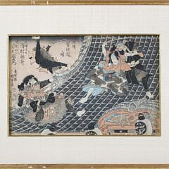 Two Japanese Woodblock Prints “Kawase Hasui Spring Rain at the Gokoku Temple” and “Fighting Samurais”